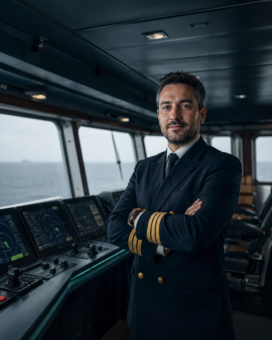 Uniformed captain on watch on the bridge