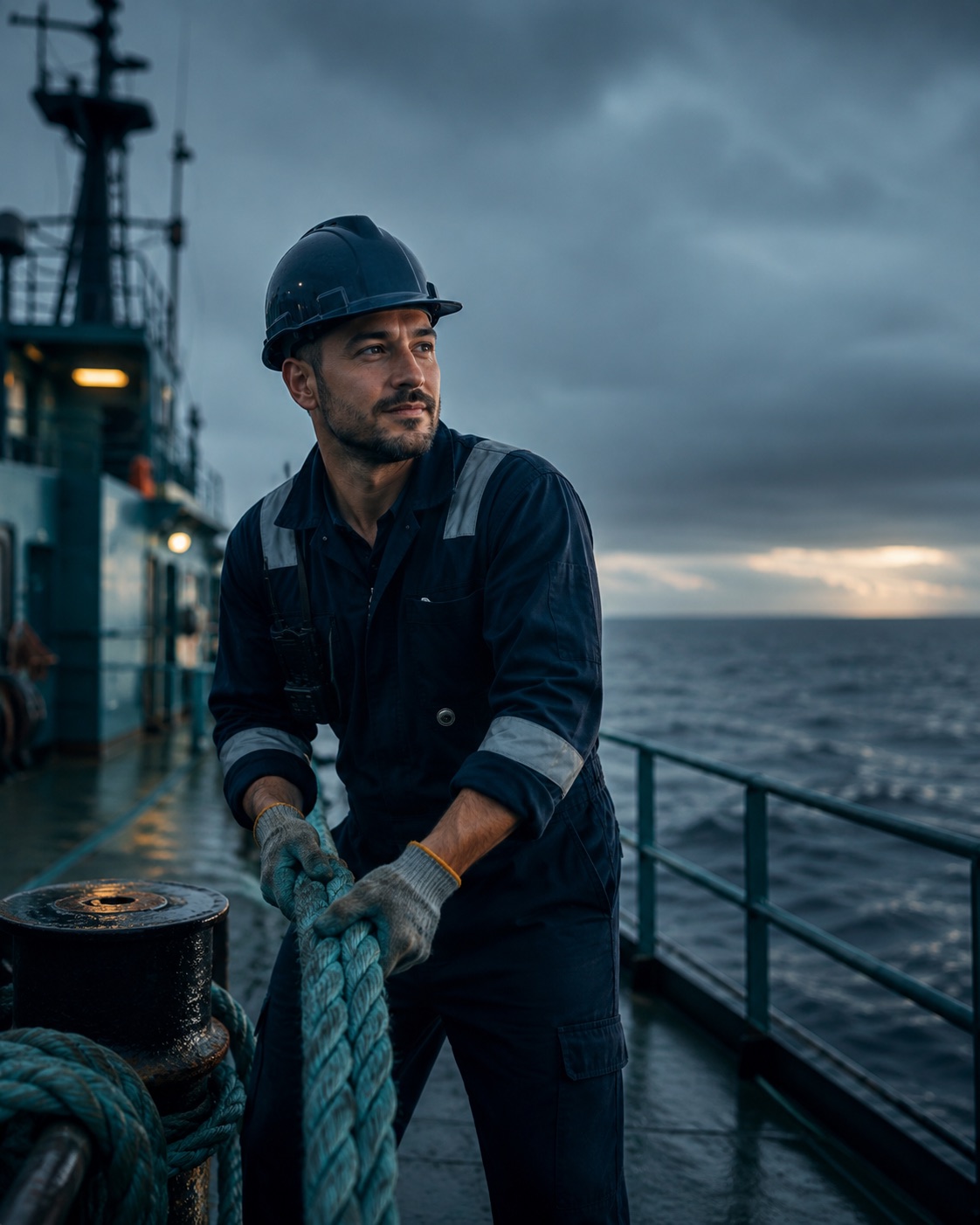 Deck crew handling a mooring line