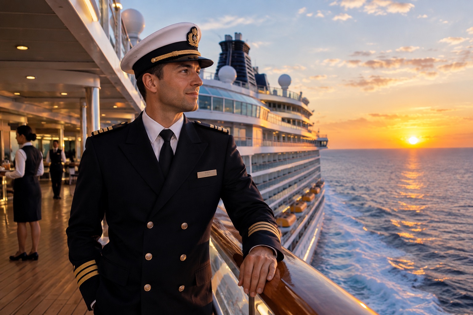 A cruise ship officer on the open deck at sunset, hotel crew at work behind him