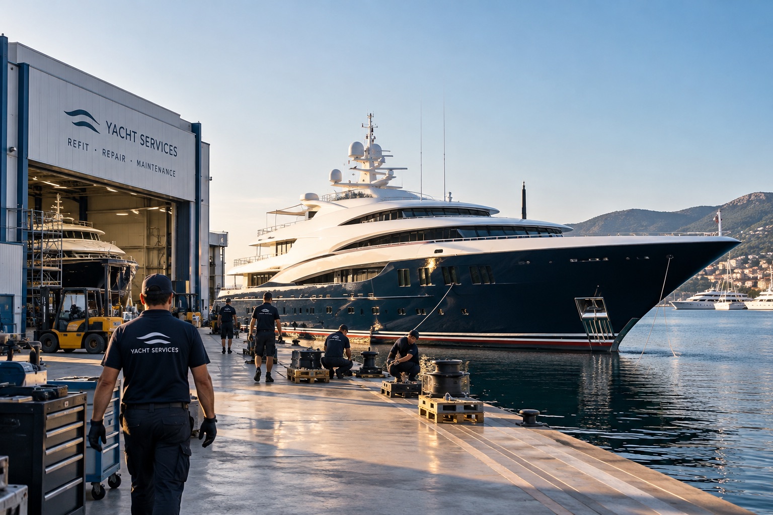Technicians walking the quay at a refit yard, a superyacht alongside